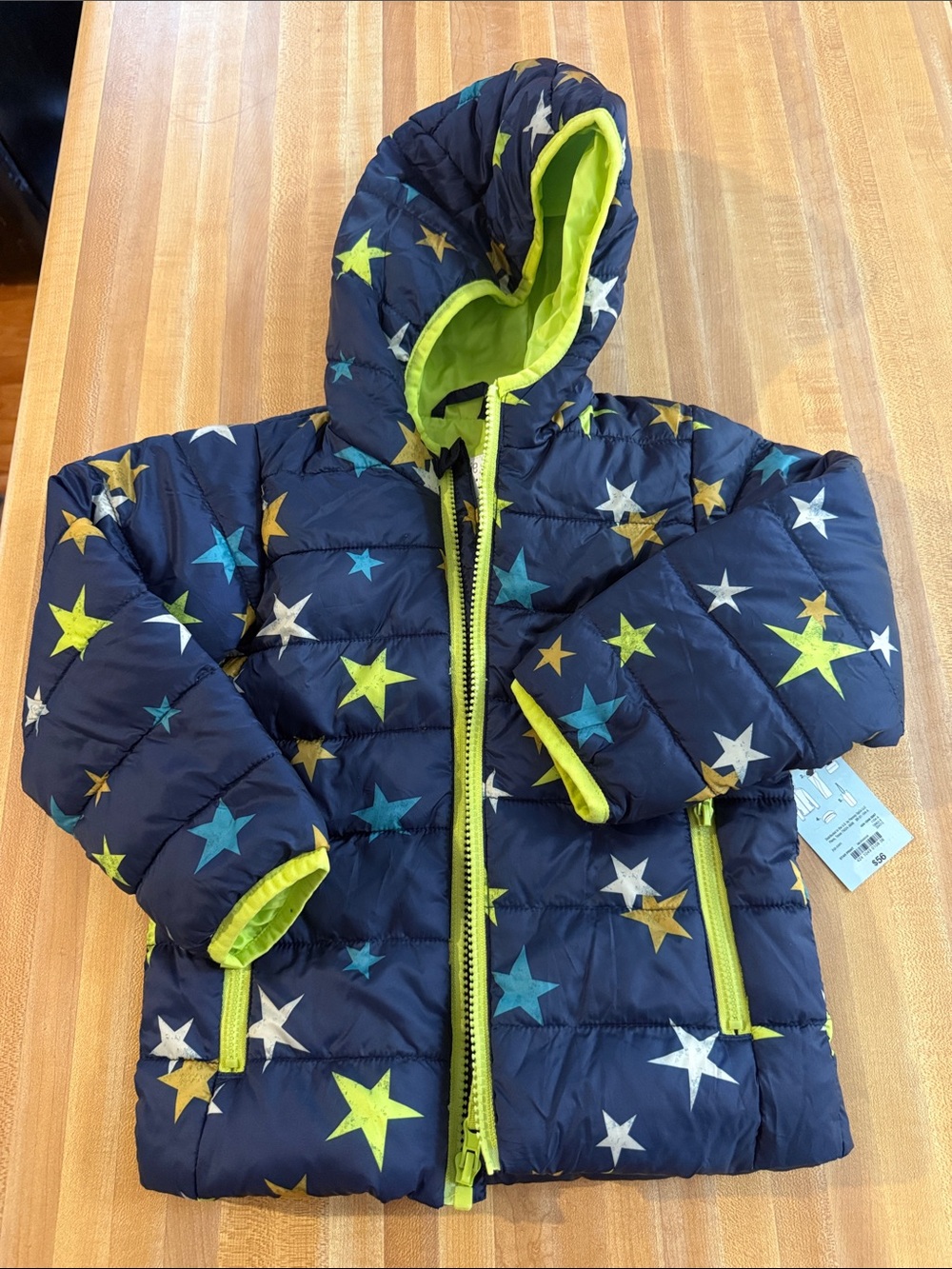 okie dokie Navy Star Puffer Jacket with Lime Trim